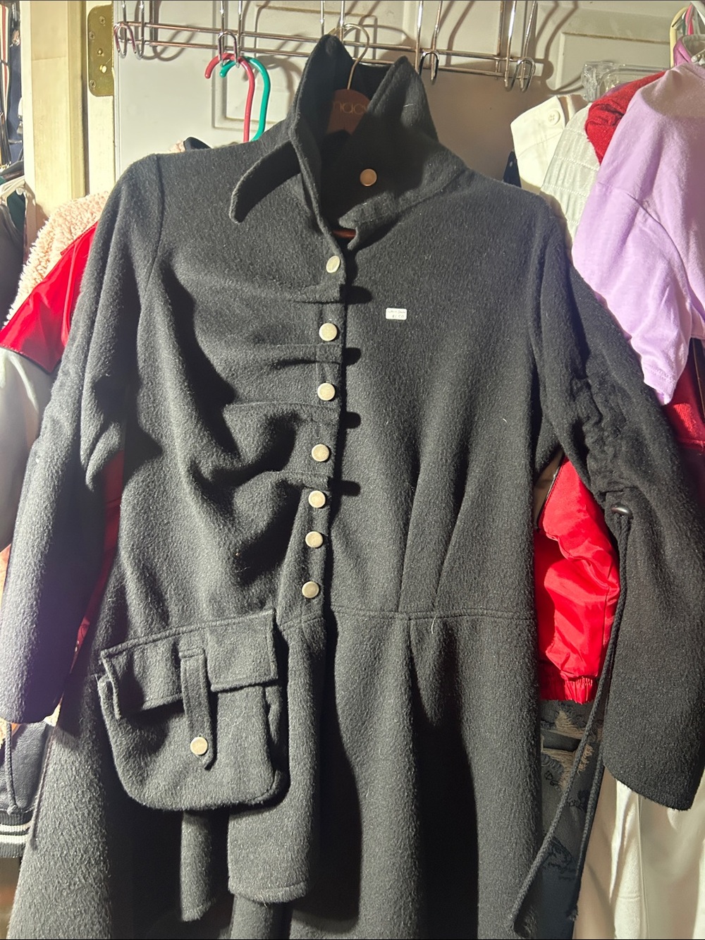 Black Wool-Blend Pea Coat with Button Placket